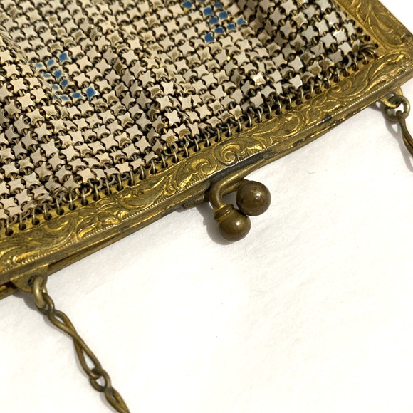 Vintage 1920s metal mesh purse Art Deco geometric white enamel blue gold flaws - Picture 7 of 12